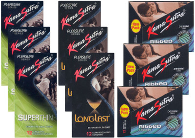 KamaSutra Superthin, Ribbed, Longlast - UPFK200357 Condom(Set of 9, 108S)