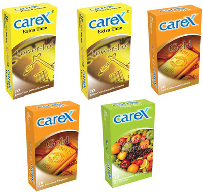 Carex Powershot x 2, Gold x 2 and Assorted Flavours Condom(Set of 5, 50S)