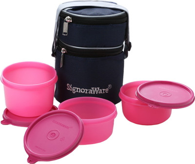 Signoraware Officer Lunch Box with Bag - 450 ml, 310 ml Plastic Grocery Container(Pack of 3, Pink) Signoraware Officer Lunch Box with Bag - 450 ml, 310 ml Plastic Grocery Container(Pack of 3, Pink)