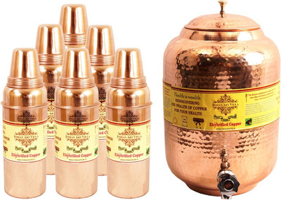 

IndianArtVilla 1 Copper Water Pot 5.5 Liter with 6 Thermos Desig Bottle - 9700 ml Copper Grocery Container(Pack of 7, Brown)