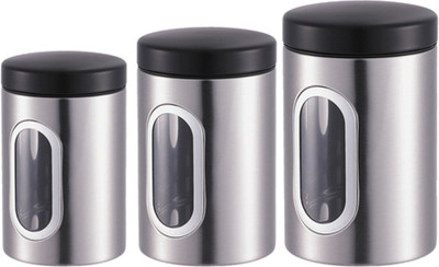 

Bergner Tidy Home 3 PiecesCanister with Lid - 1.65 L, 1.1 L, 2.2 L Steel Food Storage(Pack of 3, Silver, Black), Black;silver