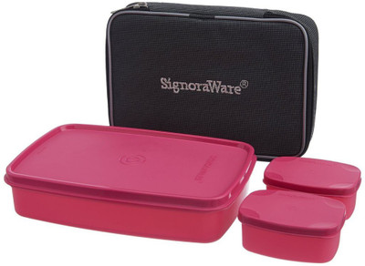 

Signoraware Compact Lunch Box with Bag - 1050 ml Plastic Grocery Container(Pack of 3, Pink)
