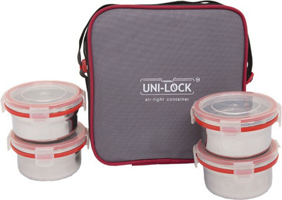 

Uniqraft Red Lunch Box - 0.5 L, 0.5 L, 0.5 L, 0.5 L Steel Grocery Container(Pack of 4, Silver, Red), Red;silver