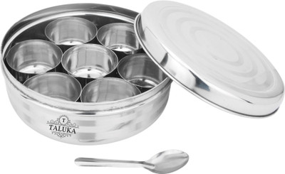 

Taluka (8" x 3.2" inches) Stainless Steel Masala Box With 7 Compartments - 1.7 L Steel Spice Container(Silver)