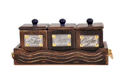 Hmas 600 ml Wooden Tea Coffee Sugar Container Pack of 3, Brown