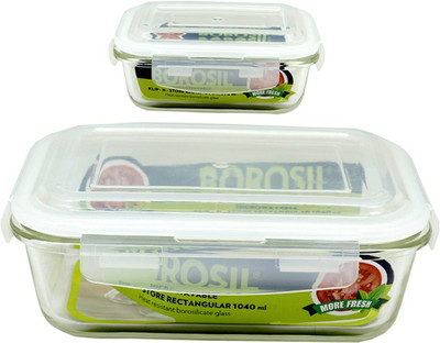 BOROSIL Microwavable Klip - N - Store Rectangular Dish With Lid - 370 ml, 1040 ml Glass Grocery Container(Pack of 2, Clear)