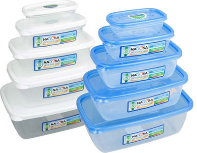 

Nayasa Gold Dust Airtight - 1800 ml, 1100 ml, 680 ml, 300 ml, 150 ml PP (Polypropylene) Grocery Container(Pack of 10, White, Blue, Clear), Blue;clear;white