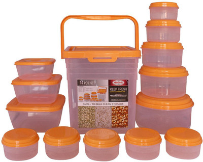 

Asian Keep Fresh 14 Pc set - 225 ml, 425 ml, 700 ml, 1150 ml, 1950 ml, 8000 ml, 1500 ml, 1000 ml, 500 ml Plastic Grocery Container(Pack of 14, White, Orange), Orange;white
