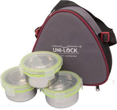 

Uniqraft Lunch box - 0.5 L, 0.5 L, 0.5 L Steel Grocery Container(Pack of 3, Silver, Green), Green;silver