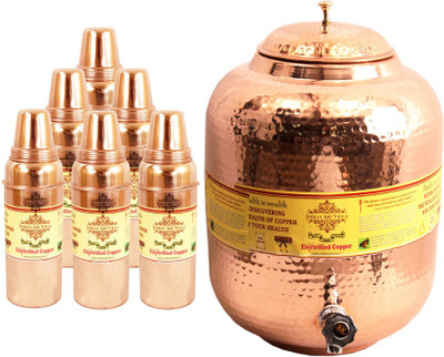 

IndianArtVilla 1 Copper Water Pot 10 Liter with 6 Thermos Bottle no.1 - 14200 ml Copper Grocery Container(Pack of 7, Brown)
