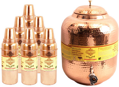 

IndianArtVilla 1 Copper Water Pot 11.5 Liter with 6 Thermos Design Bottle - 15700 ml Copper Grocery Container(Pack of 7, Brown)