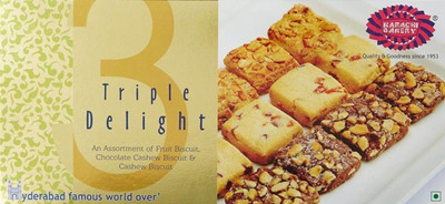 

Karachi Bakery Gold Triple Delight Fruit,Chocolate Cashew and Cashew 600g (Pack of 2)(600 g, Pack of 2)
