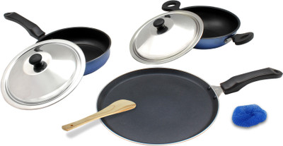 

Mahavir Medium Induction and LPG Compatible Induction Bottom Cookware Set(Steel, 3 - Piece), Blue