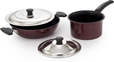 Mahavir 4KSNSRD Induction Bottom Cookware Set(Steel, 2 - Piece), Red
