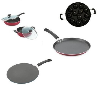

Vinod Giftset Nonstick Combo for Deep Kadai (2.6Lts) & Fry Pan(0.22cm) & Dosa Tawa(25cm),Concave(26.5cm) Induction Bottom Cookware Set(Aluminium, 5 - Piece), Black;red