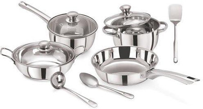 

PRISTINE Tri Ply Bottom Induction Bottom Cookware Set(Stainless Steel, 10 - Piece), Silver