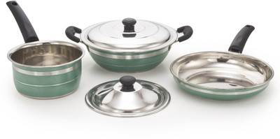 Mahavir 5KLDFSLDGR Induction Bottom Cookware Set(Stainless Steel, 3 - Piece), Green