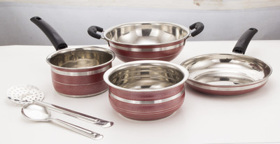 Mahavir 6KFSHSSRD Induction Bottom Cookware Set(Stainless Steel, 6 - Piece), Red