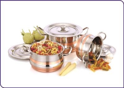 

Mahavir 3pc Stainless Steel Solo Cook & Serve Set Cross Copper Model Cookware Set(Stainless Steel, Copper, 3 - Piece)