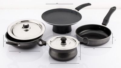 Mahavir Induction Cookware Set Induction Bottom Cookware Set(PTFE (Non-stick), Aluminium, 6 - Piece), Black