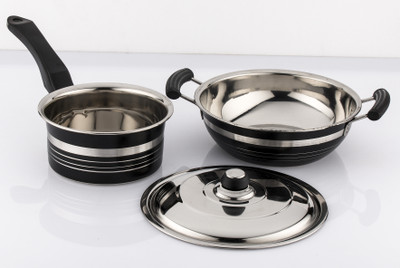 

Mahavir Metallic Induction & Lpg Compatible Induction Bottom Cookware Set(Stainless Steel, 3 - Piece), Black