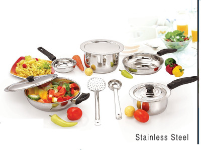 

Mahavir Induction & Lpg Compatible Induction Bottom Cookware Set(Stainless Steel, PTFE (Non-stick), 10 - Piece)