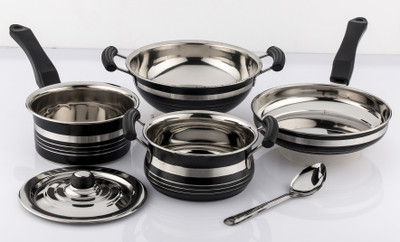 

Mahavir Metallic Induction & Lpg Compatible Induction Bottom Cookware Set(Stainless Steel, 6 - Piece), Black