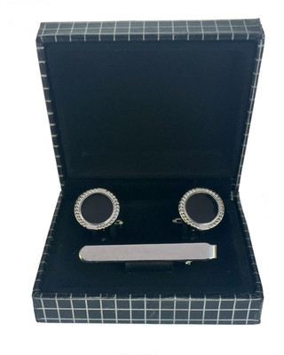 Bsquare Brass Cufflink & Tie Pin Set(Silver, Black)
