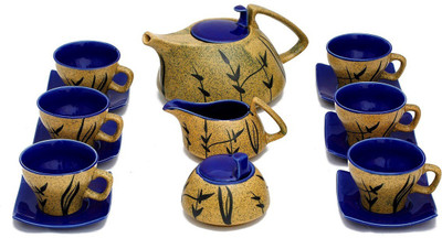 

Caffeine Handmade Marble Matte Style Leaf Print Kettle Ceramic(Beige, Blue, Pack of 15)