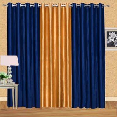 

Excel Bazaar 275 cm (9 ft) Polyester Long Door Curtain (Pack Of 3)(Solid, Neavy Blue, Golden)