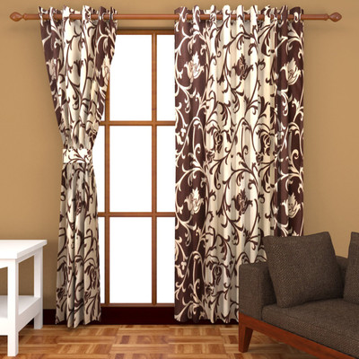 

M DECOR 213 cm (7 ft) Polycotton Door Curtain (Pack Of 2)(Floral, Brown)