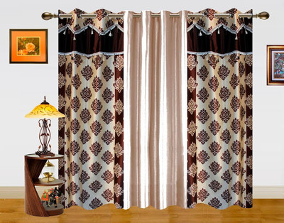 27% OFF on Dekor World 275 cm (9 ft) Polyester Long Door Curtain (Pack Of 3)(Motif, White, Brown)