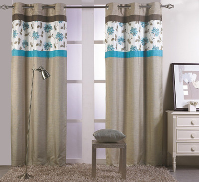 KC HOME 213 cm (7 ft) Polyester Door Curtain Single Curtain(Floral, Beige, Blue)