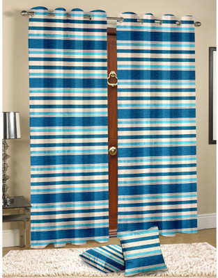 

Cortina 210 cm (7 ft) Velvet Door Curtain Single Curtain(Striped, Blue)