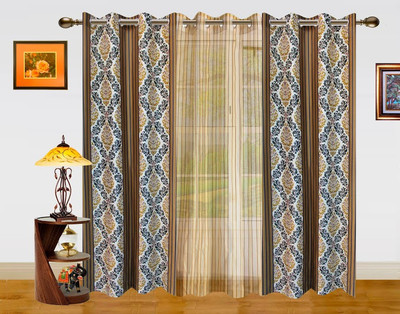 Dekor World 275 cm (9 ft) Polyester Long Door Curtain (Pack Of 3)(Motif, Green, Beige)