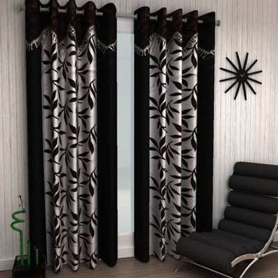 Panipat Textile Hub 213 cm (7 ft) Polyester Door Curtain (Pack Of 2)(Floral, Black)
