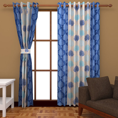 Kanhaa 214 cm (7 ft) Polyester Door Curtain (Pack Of 2)(Floral, Blue)