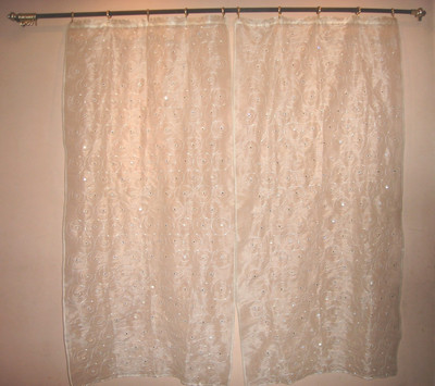 

Little Home 220 cm (7 ft) Polyester Window & Door Curtain (Pack Of 2)(Embroidered, White, Golden), Golden;white