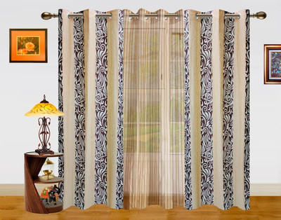 7% OFF on Dekor World 275 cm (9 ft) Polyester Long Door Curtain (Pack Of 3)(Striped, White, Brown)