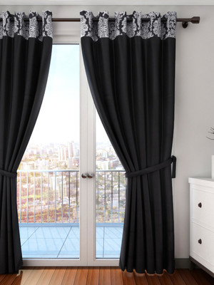 Swayam 274.32 cm (9 ft) Silk Long Door Curtain Single Curtain(Solid, Black, White)