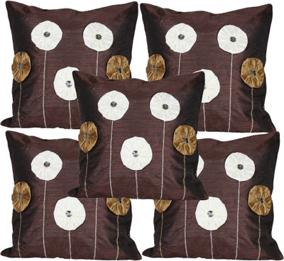 Mysha Floral Cushions Cover(Pack of 5, 41 cm*41 cm, Brown)