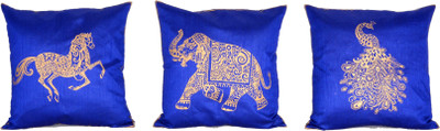 Misona World India Animal Cushions Cover(Pack of 3, 40 cm*40 cm, Blue, Gold)