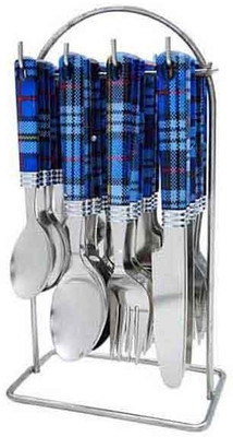 Elegant Chekker Blue Stainless Steel, Plastic Cutlery Set(Pack of 24)