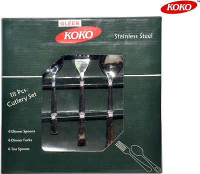 KOKO Stainless Steel Cutlery Set [Content : 6 pcs Dinner Spoon, 6 pcs Dinner fork & 6 pcs Tea spoon ](Pack of 18) Stainless Steel Cutlery Set(Pack of 18)