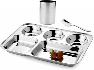 

Radha Govind Steel 5 in 1 Five Compartment Divided Dinner Plate one Stainless Steel Cutlery Set(Pack of 3)