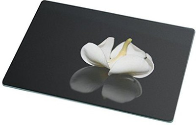 

Rikki Knight Beautiful White Plumeria Flower On Black Large Glass Cutting Board