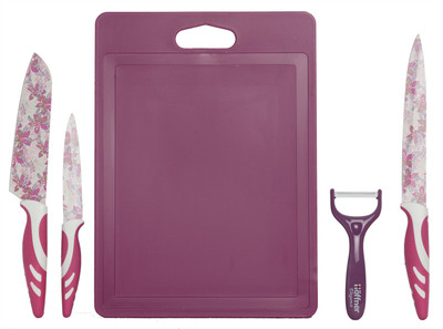 

Hoffner 5pc Floral Design Knife Set with Chopping board & Vegetable Peeler Steel, Plastic Cutting Board(Purple, Pink Pack of 5)