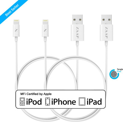 

Zaap LIGHTNING TO USB CABLE/CHARGER CORD FOR CHARGING {2 Pack} , SYNC. COMPATIBLE WITH IPHONE, IPOD AND IPAD. 1FT / 0.3M [APPLE MFI CERTIFIED, WHITE ]. TANGLE FREE PREMIUM QUALITY & 4000+ BENDS LIFE SPAN Lightning Cable(White)