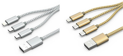 

ROQ Set of 2 2 Micro USB with 1 Lightning 8 Pin High Speed Sync and Charge USB Cable(Silver, Gold), Gold;silver