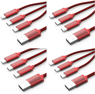 

ROQ Set of 4 2 Micro USB with 1 Lightning 8 Pin High Speed Sync and Charge USB Cable(Red)